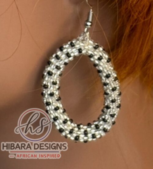 White and Black Beaded Hoop Earrings