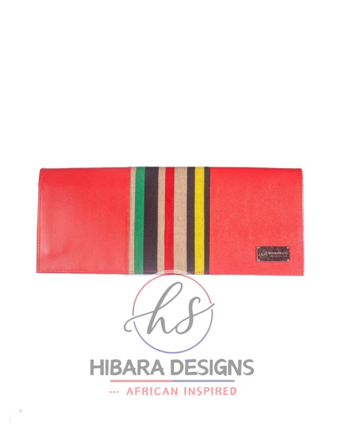 Our shangani bag is a leather clutch Bag Accented with Asooke