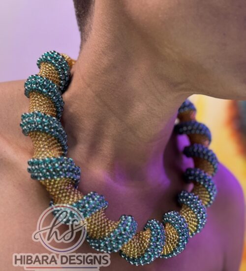 Fatseki Spiral Beaded Necklace (Green On Gold)